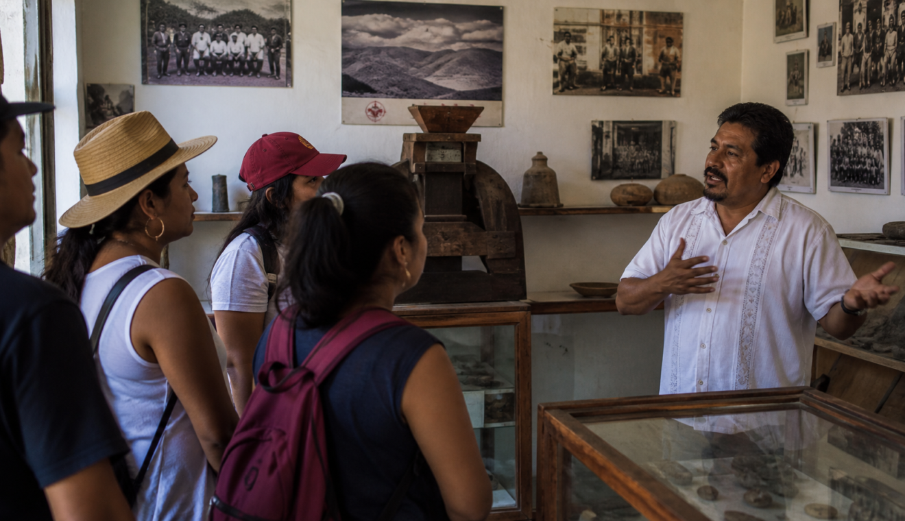 Visitantes observan fotografías y objetos históricos en un museo comunitario mexicano