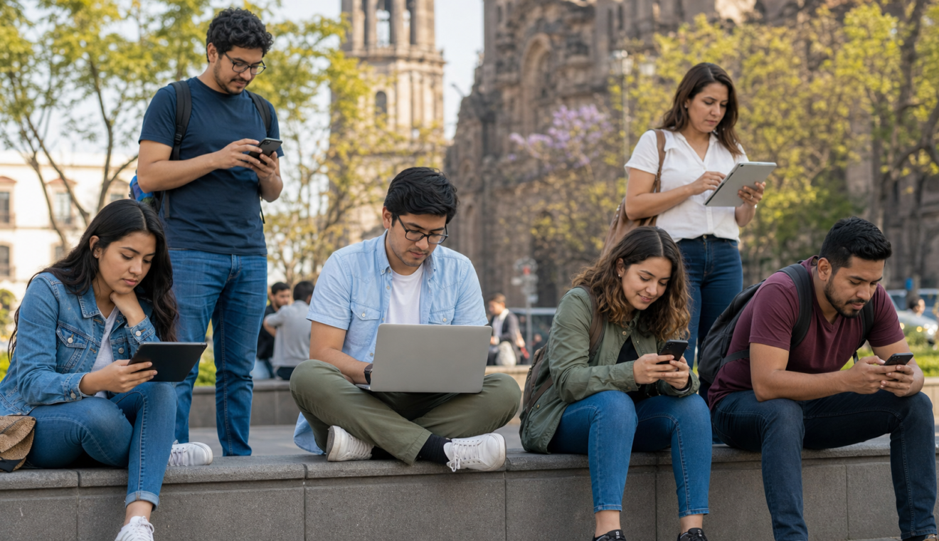 Personas de distintas edades utilizando internet en dispositivos digitales