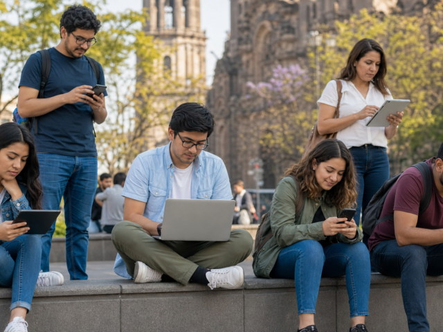 Personas de distintas edades utilizando internet en dispositivos digitales