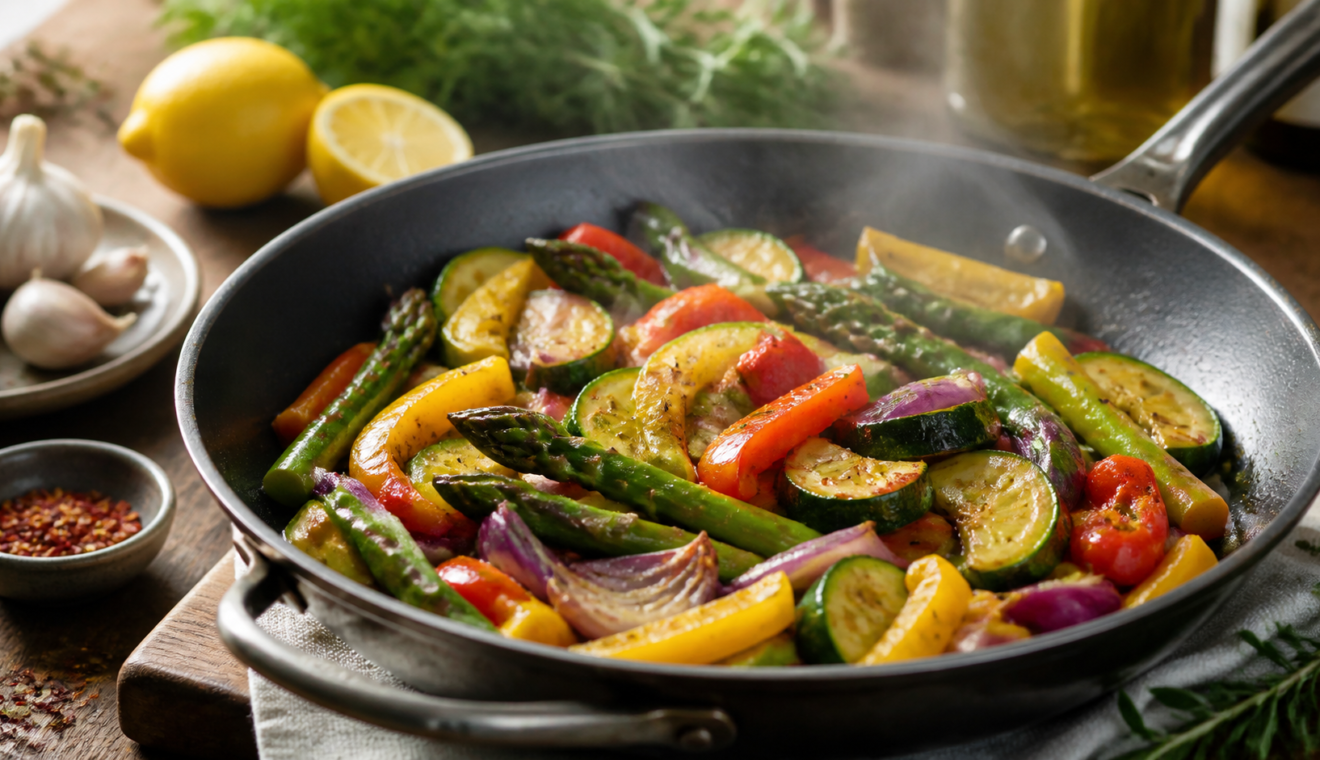 Verduras coloridas cocinadas suavemente en un sartén con hierbas y limón