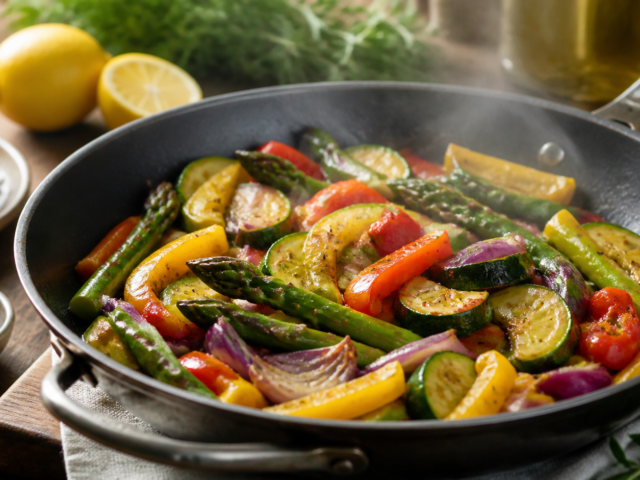 Verduras coloridas cocinadas suavemente en un sartén con hierbas y limón