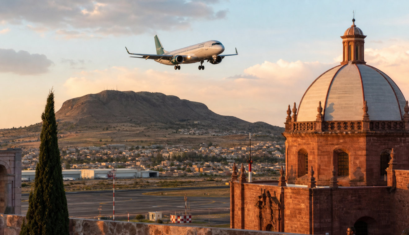 Avión de Mexicana de Aviación sobre Zacatecas, ilustración editorial de la nueva ruta hacia el AIFA