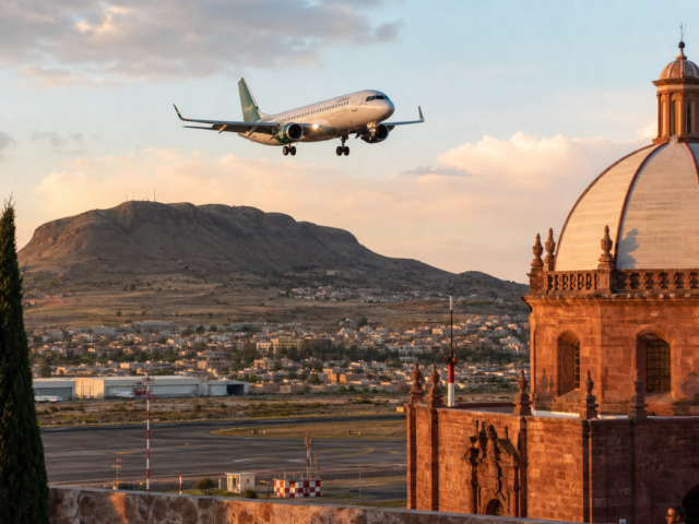 Avión de Mexicana de Aviación sobre Zacatecas, ilustración editorial de la nueva ruta hacia el AIFA