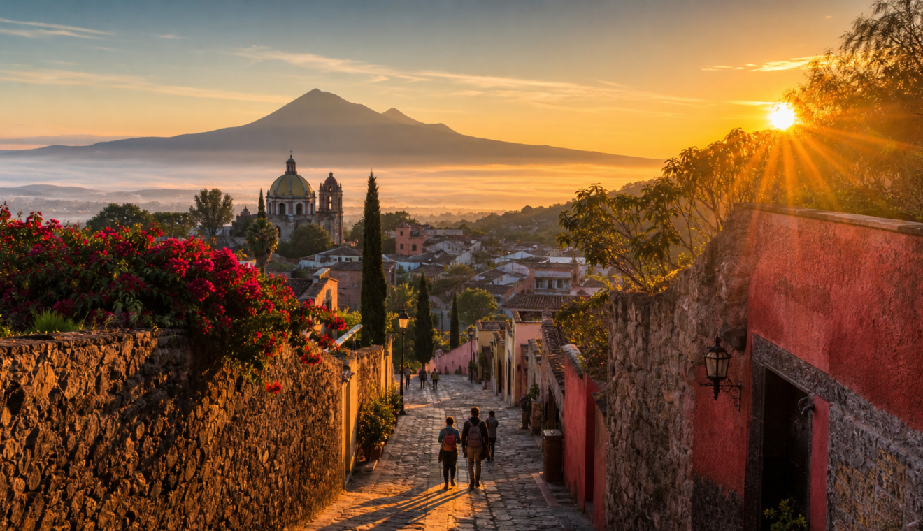 Paisaje turístico mexicano al amanecer con un pueblo colonial, montañas y viajeros en un camino.