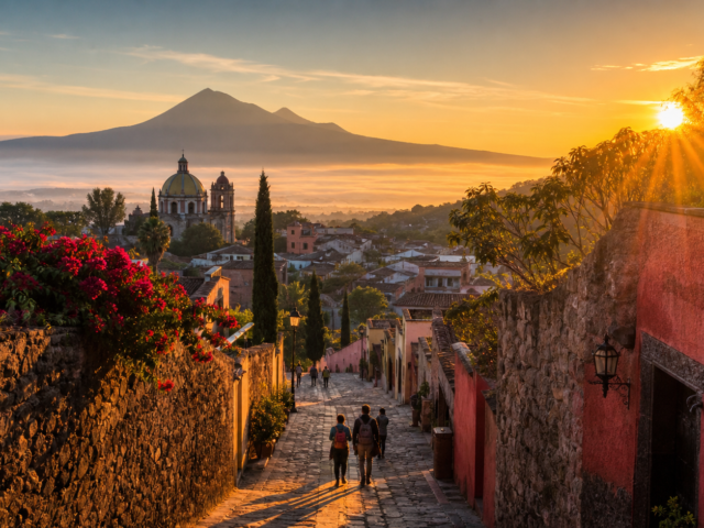 Paisaje turístico mexicano al amanecer con un pueblo colonial, montañas y viajeros en un camino.
