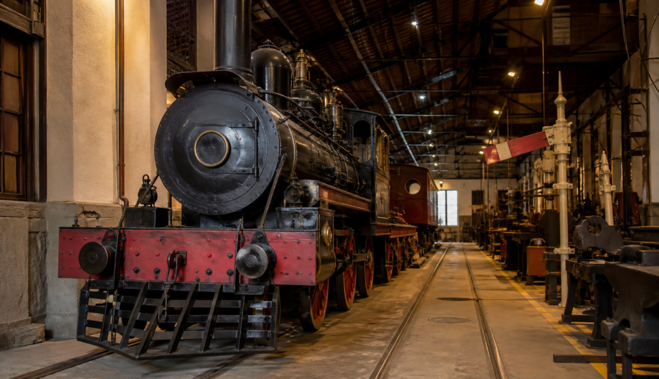 Locomotora histórica conservada en un museo ferroviario mexicano con vías y herramientas de taller