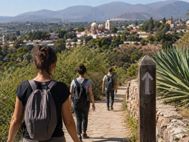 Viajeros recorren una ruta local mexicana con mochila y paisaje al fondo