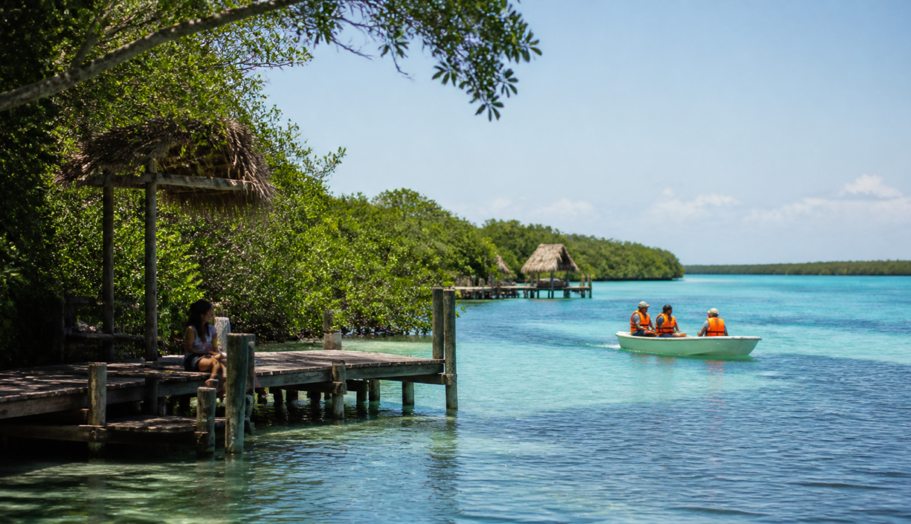 Lancha pequeña con chalecos salvavidas sobre la laguna de Bacalar, rodeada de manglar y agua azul clara.
