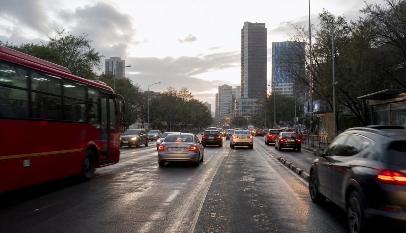 Avenida de la Ciudad de México con tráfico moderado, cielo nublado y lluvia sobre el pavimento