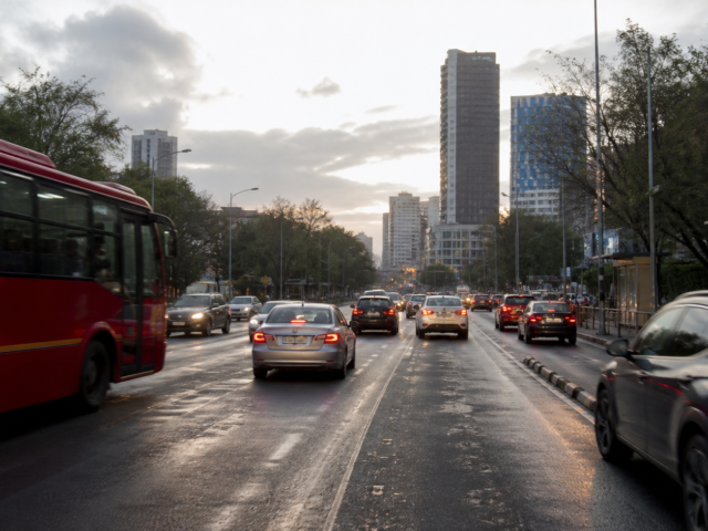 Avenida de la Ciudad de México con tráfico moderado, cielo nublado y lluvia sobre el pavimento