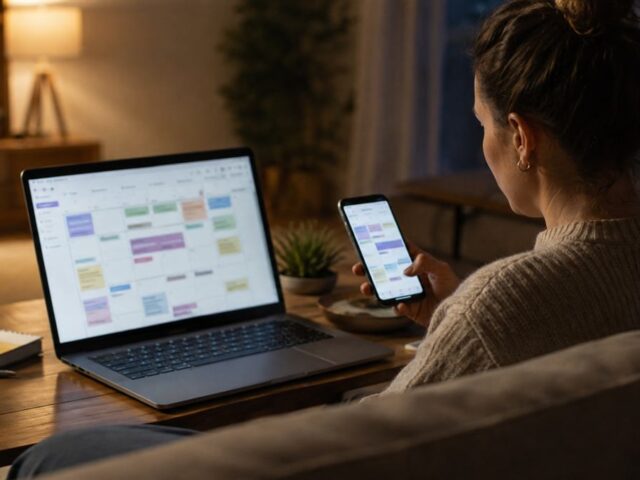 Persona compara una agenda oficial de espectáculos y anuncios de artistas en su teléfono