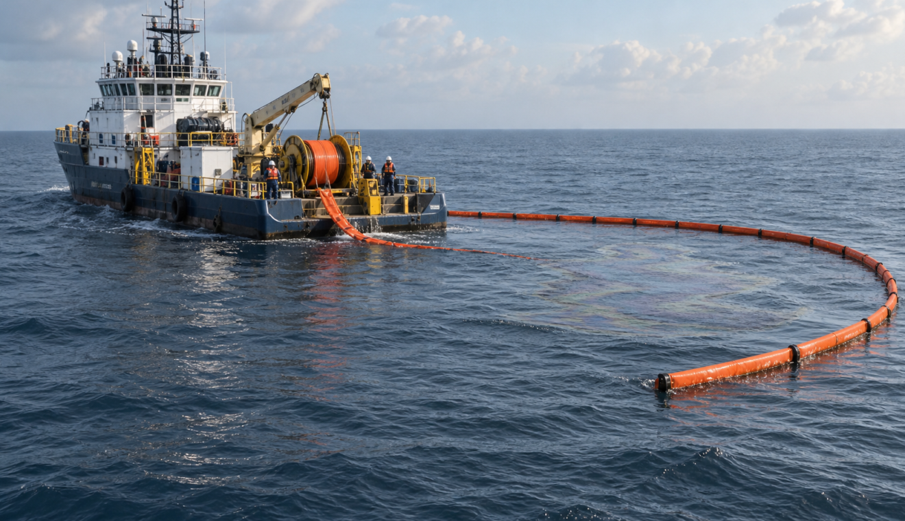 Embarcación de mantenimiento despliega equipo de contención sobre una presencia de aceite crudo en el mar