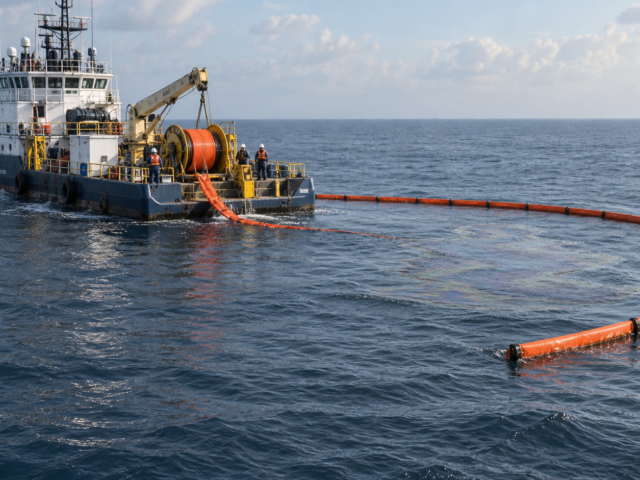 Embarcación de mantenimiento despliega equipo de contención sobre una presencia de aceite crudo en el mar